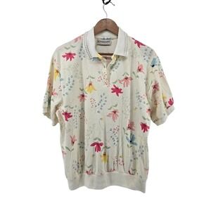 Donnkenny Polo Shirt Womens M Cream Floral Vintage 90s Banded Waist Knit Top